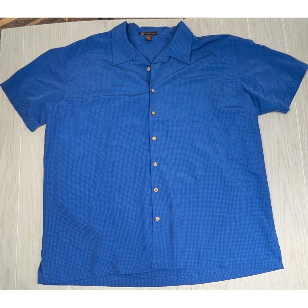 Harriton Button Camp Shirt 3XL Blue Short Sleeve Rayon Blend